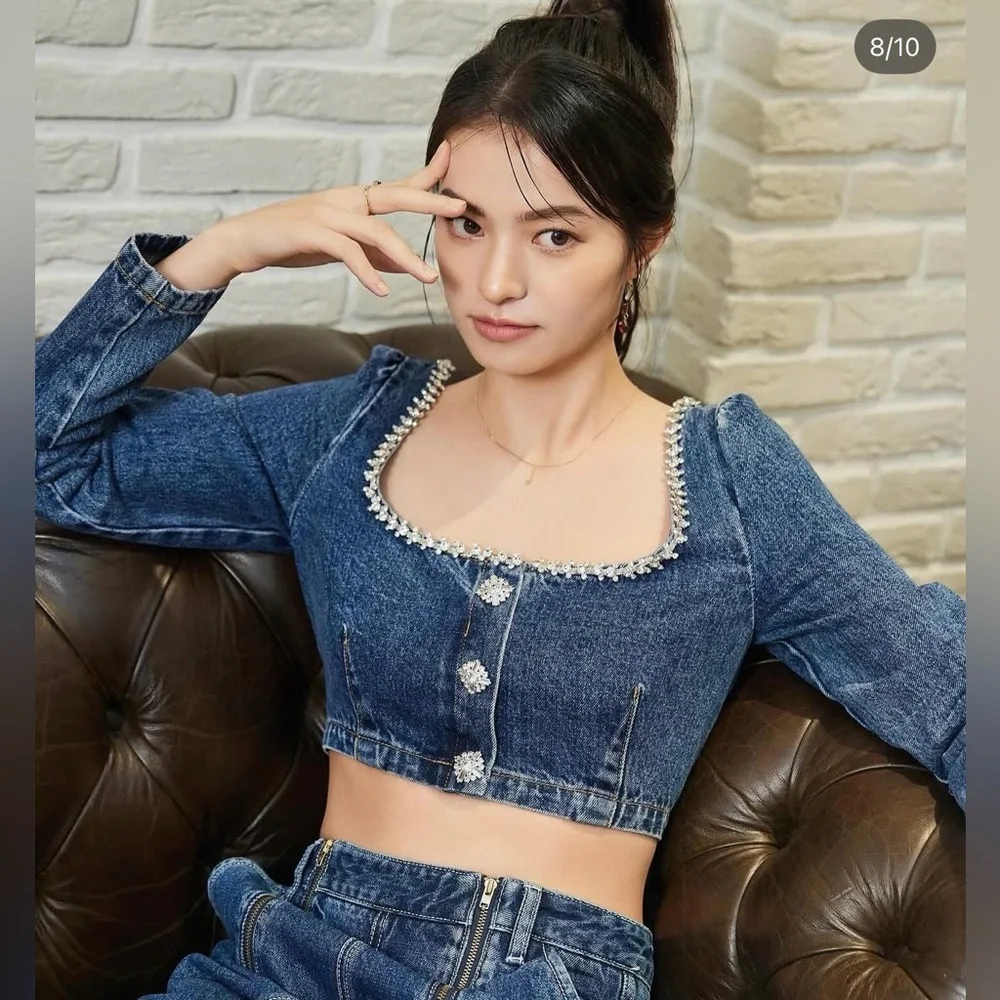 SELF-PORTRAIT Crystal-Embellished Denim Top Size 6 NWT - Picture 10 of 13